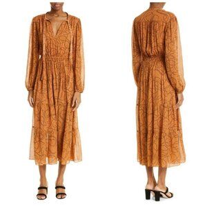 A.L.C. Silk Eyelet Midi Dress with Blouson Sleeves - Rust
